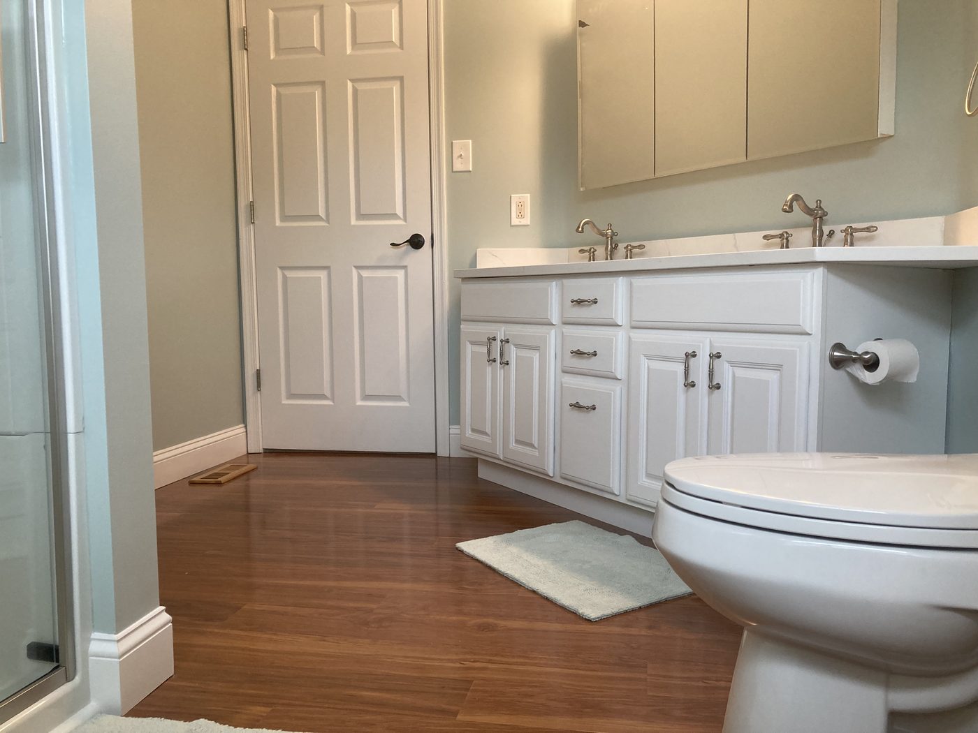 Finished bathroom with white double vanity, wood-look plank floor, and pale blue walls
