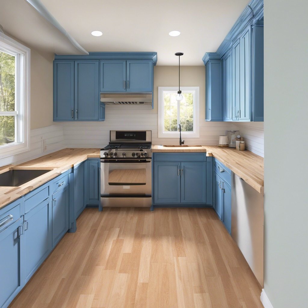 Northeast Philly kitchen remodel with dusty-blue shaker cabinets, butcher-block counters, and white shiplap backsplash — The Remediation Tech